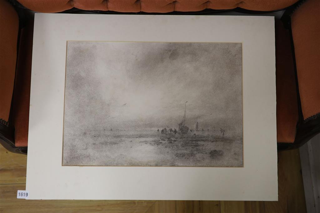 George Sheffield (1839-1892), charcoal on paper, Fisherfolk at low tide, signed and dated 1886, 36 x 50cm, unframed